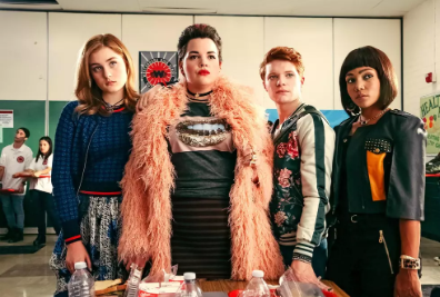 Picture of Veronica and the Heathers from the new Heathers TV show. From left to right: Grace Victoria Cox, Melanie Field, Brendan Scannell, Jasmine Matthews. Image via PressFrom.