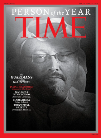 One of TIME Magazines covers, depicting Jamal Khashoggi, a journalist killed in Saudi Arabia in 2018.