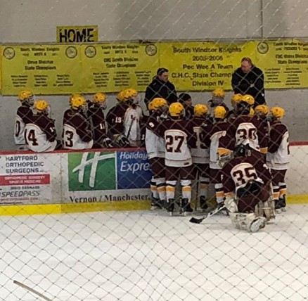 The SWHS Boys Hockey Team rounded up for a pep talk during a game last season