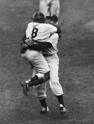 The everlasting image of catcher Yogi Berra leaping into Don Larsens embrace after Larsens perfect game in 1956.
Source: greensboro.com