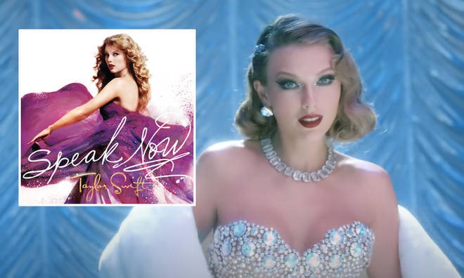 Swift from the Bejeweled music video with the Speak Now album next to it.
