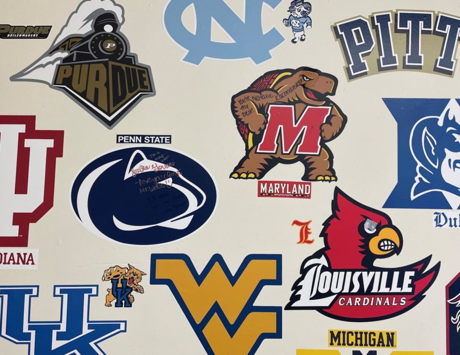 College logos decorate a classroom at South Windsor High School encourage students for post-secondary planning.