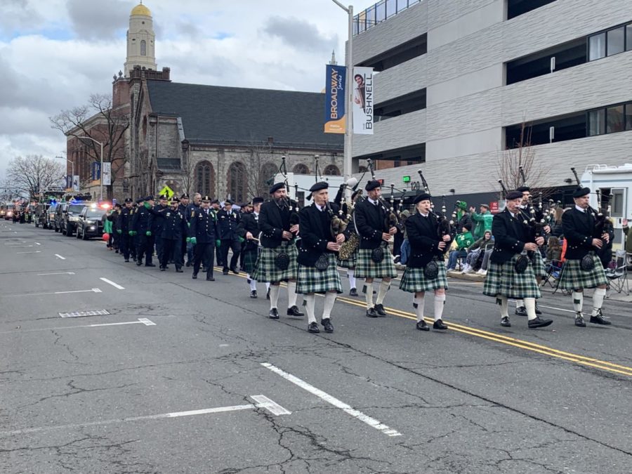 Bag pipe players in a St. Patricks Day Parade in Hartford, Connecticut