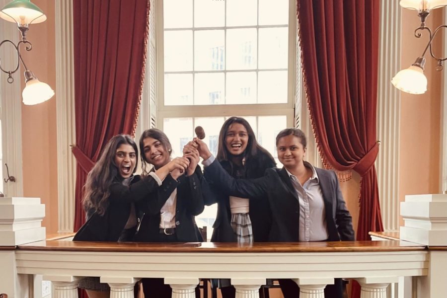 Sophomores Meera Kannan, Taruni Pendyala, Smriti Rajan and Bhaavni Krishna debated in the 'Out Rounds' at the Old State House in Hartford on April 18th.