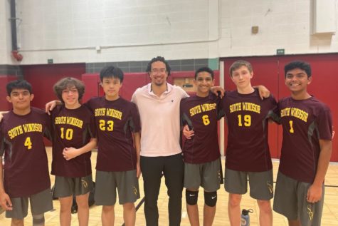 The JV boys volleyball team. From left, Sameer Gupta, Logan Luna, Ivan Chen, Coach Oakley, Samarth Basanth, Beckham Mills, and Rehan Shaik-hunday.