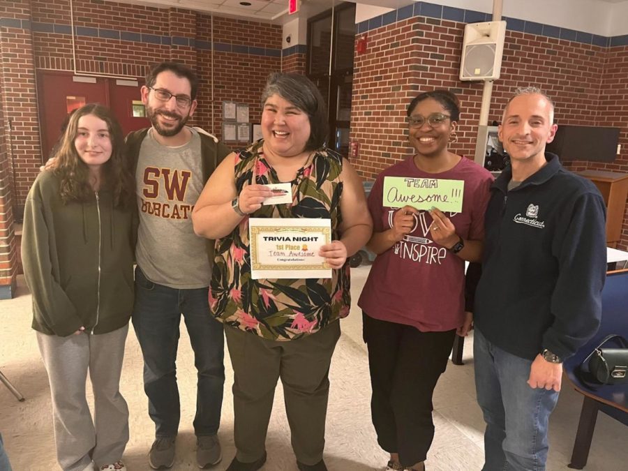 Bridget Hoffman, Mr. Hoffman, Ms. Cliff, Ms. Davis, and Mr. Rizzuto won first place at SWHSs Annual Trivia Night held on Friday, March 31st.