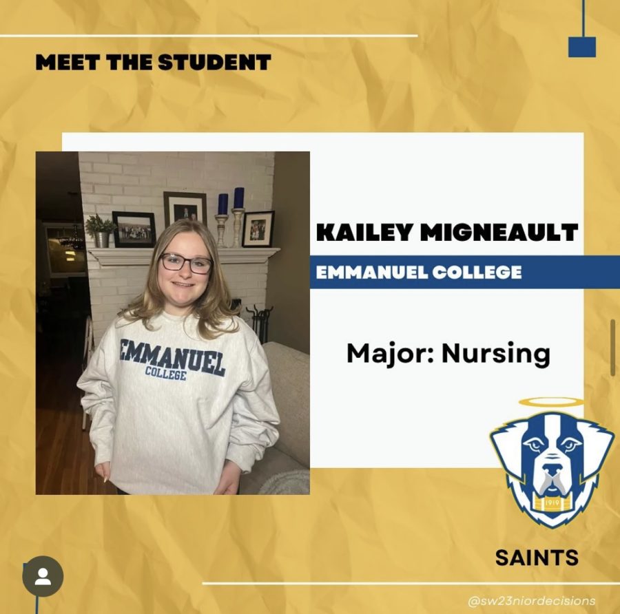 Senior Kailey Migneault will be off the Emmanuel College in Boston, MA.