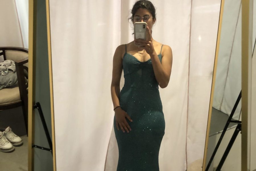 A blue-green fitted mermaid length gown covered in glitter with a slightly see-through midsection.