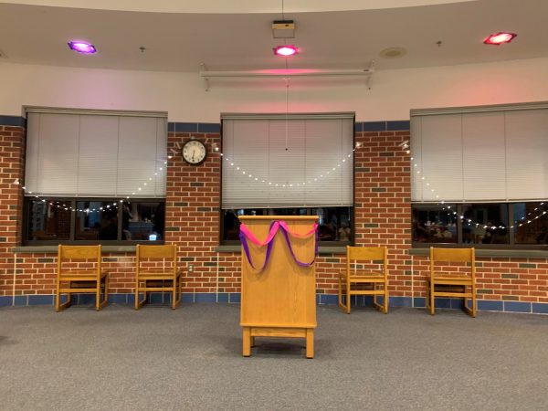 The set up of the coffee house on Friday, where students presented their work.