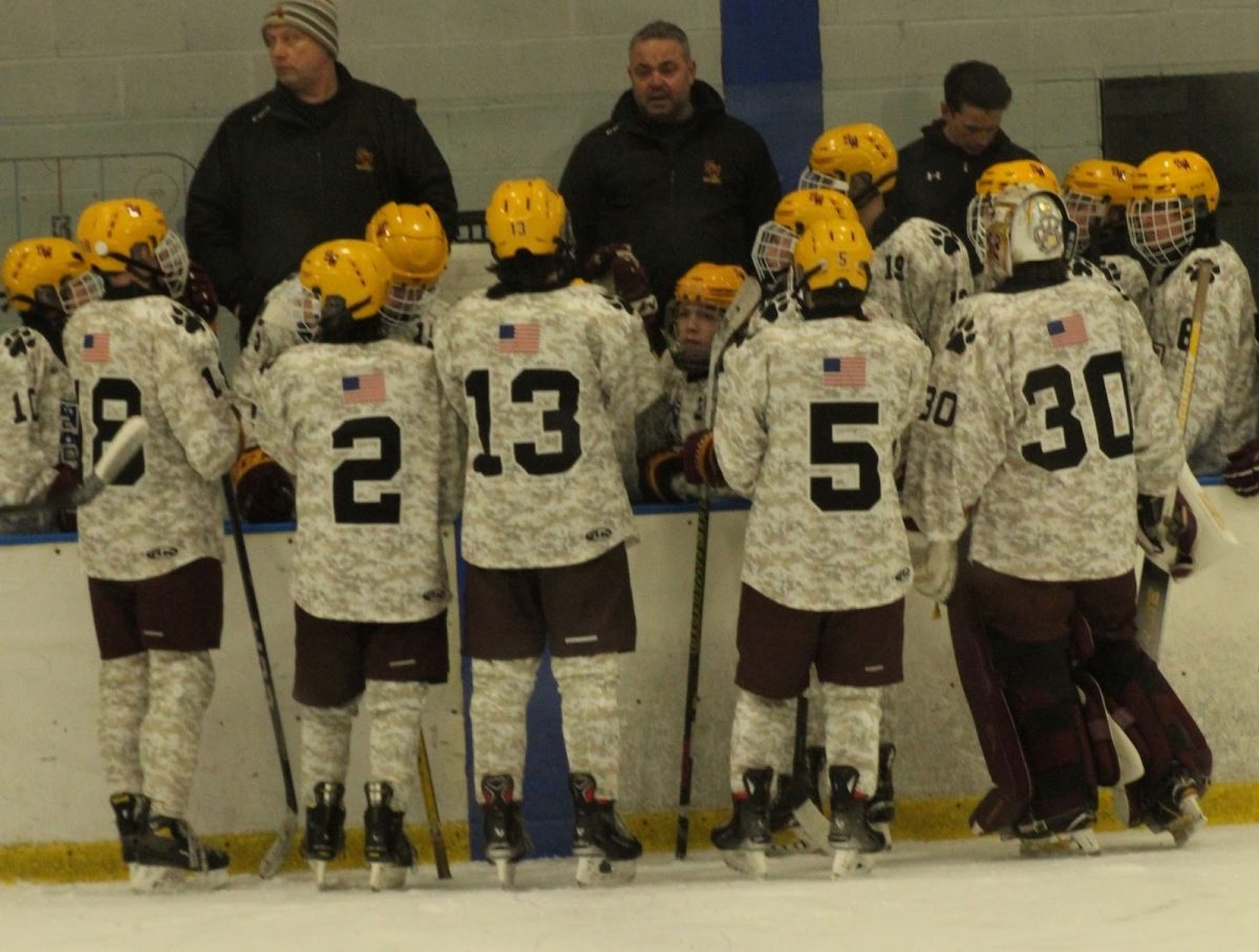 The South Windsor High School hockey team talks things over with coaches during a timeout.