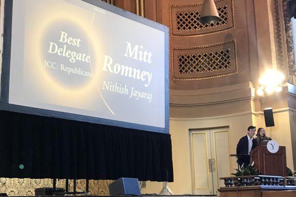 Sophomore Nithish Jayaraj at Yale University Awards Ceremony receiving Best Delegate for Joint Crisis Committee as Mitt Romney.