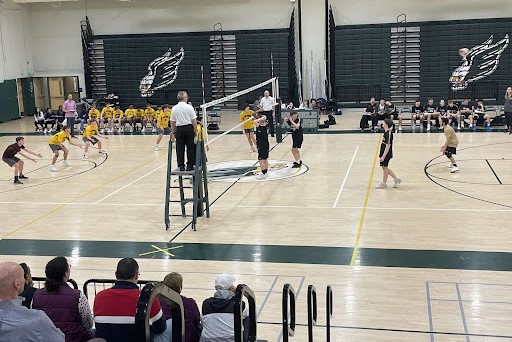 The SWHS boys volleyball taking the volleyball court for the first time this season.