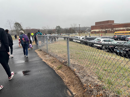 South Windsor High School students making their way to the main school from the annex for one of the last times before spring break.
