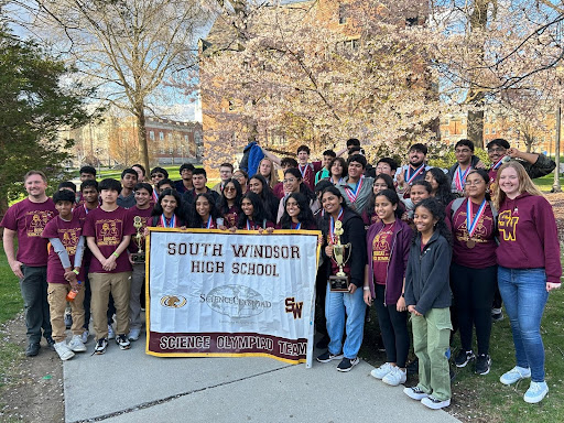 The South Windsor High School Science Olympiad team celebrating their win. 
