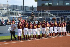 The South Windsor High School Softball team lining up before winning 13-7 and securing a spot in the 2024 state playoffs.