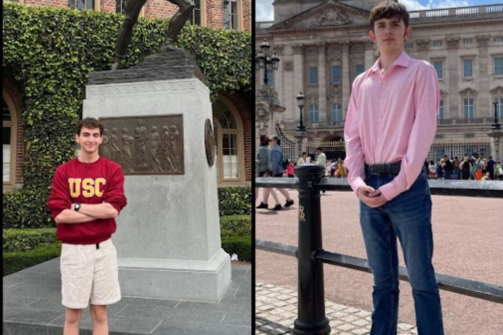 Gonzalez standing in front of a statue at USC and Coursey when he visited the U.K. last summer.