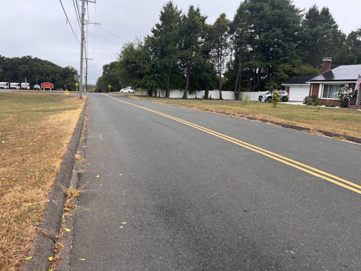 Ayers Road coming up on the entrance of South Windsor High School and South Windsor High School Annex 