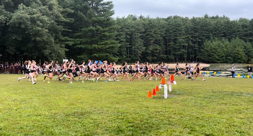 The starting line of the Girls Varsity race at the 2024 Stratton Brook Invitational Meet.