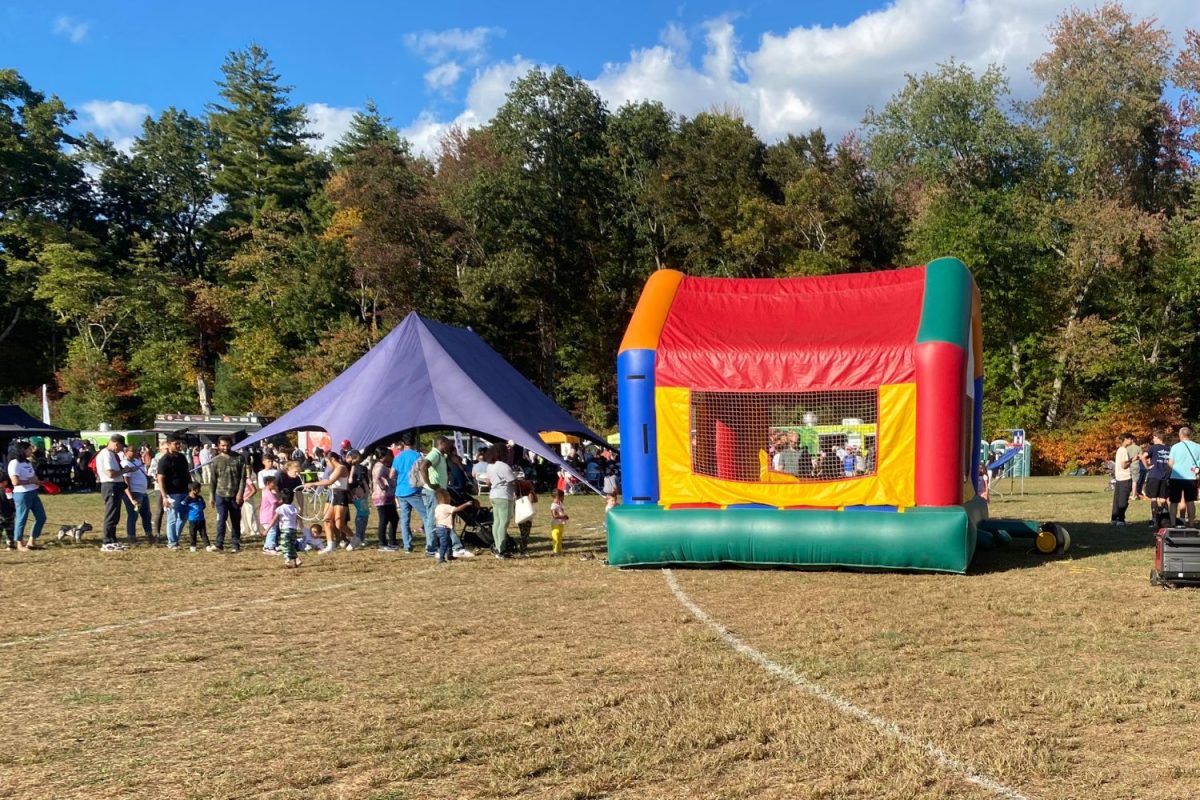 Children lined up for a turn at the bounce house at the fair. 