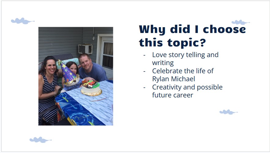 A slide from Isabella Giammarino's capstone project of her family and Rylan who she dedicated her children's book to. 