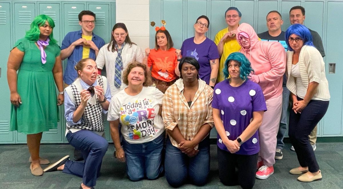 The English department dressed up as emotions from the movie 'Inside Out" for Halloween. 