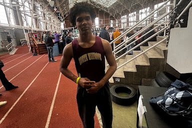 Freshman Luis Lopez Casimir taking a picture before his 55 meter race at Yale track facility. (Lopez Casimir)
