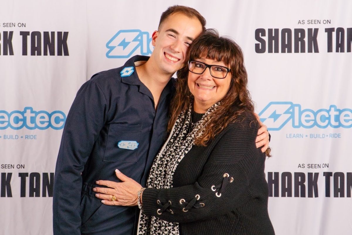 South Windsor High School class of 2018 graduate, Luke St. Amand, takes a photo with Mrs. Barrett after filming his Shark Tank premier. (Mr. Barrett)