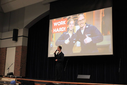 St. Amand speaking at assembly about his process in founding his company, LecTec. (Jessica Tyler)