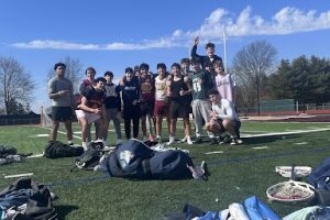 Members of the Bobcats lacrosse team stand together after a captains' practice to prepare for the season ahead.