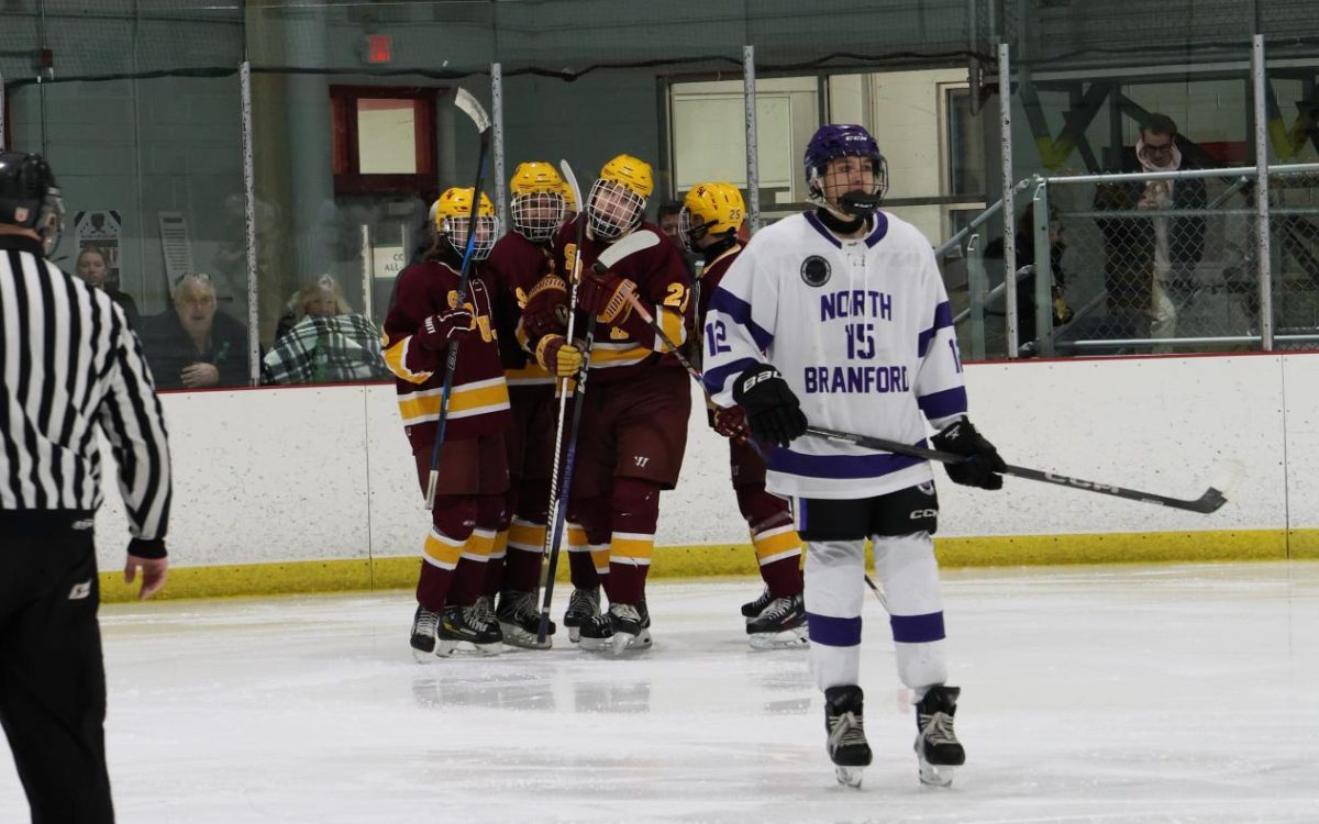 Junior Josh Willoughby celebrates after his goal with a couple Bobcats teammates.