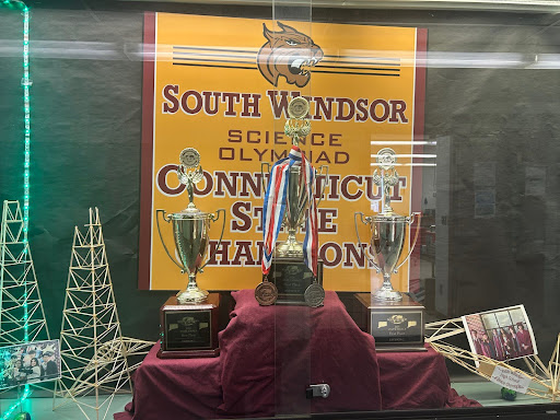 South Windsor High School's Science Olympiad's trophy case showcasing all of their awards.