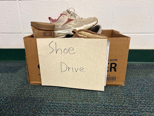 Shoe drive bin for students to donate shoes in good condition that they don’t need anymore. 
