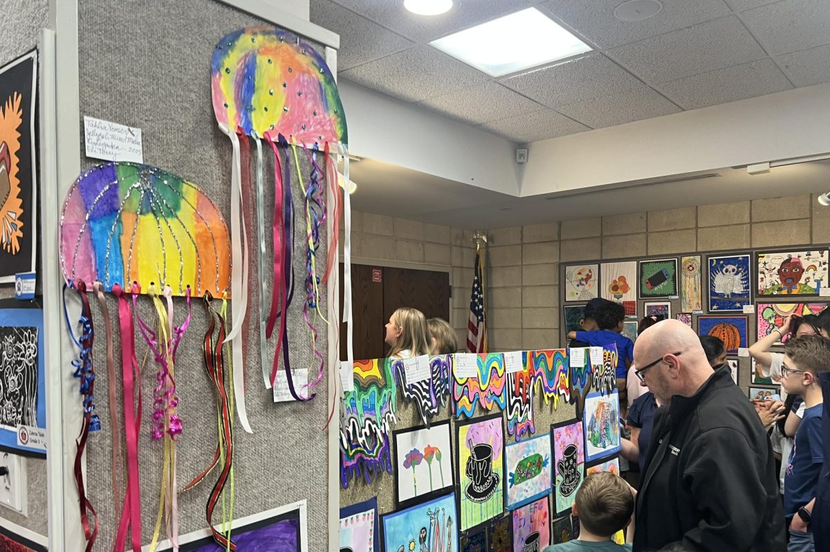 A display of art from South Windsor School District's art show held at the public library. 