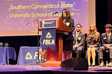 Mihika Joshi speaks a the FBLA Spring Leadership Conference at Southern CT State University. (Mihika Joshi)