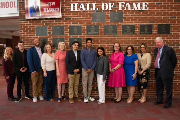 The 2025 Eugene Policelli Service Award recipients. (From left) Kenna Kimber, Mitchell Marks, Paul Macchi, Genevieve Coursey, Dr. Carter, Tiernan Cabot (SWHS Student Recipient), Aarush Kalia (SWHS Student Recipient), Dipali Kalia, Jessica Waterhouse (Citizen Recipient), Lisa Maneeley (Citizen Recipient), BOE Chairwoman, Beth Esstman, Craig Zimmerman. (Photo taken by Theodore Burhans)