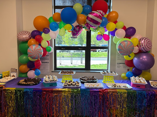 A display table at PRS School of candy with a Charlie and the Chocolate Factory theme for teacher appreciation week. (Mrs. Mayer)
