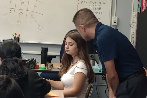 Profe Ruiz helps his students on the assignment by giving them ideas on what they can include. 