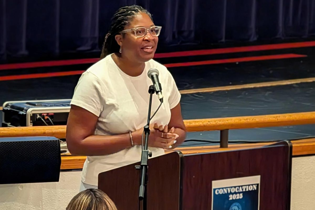 Mrs. April Davis, South Windsor's District Teacher of the Year gives her acceptance speech at Convocation. (Photo courtesy of Mr. Ed Duclos)