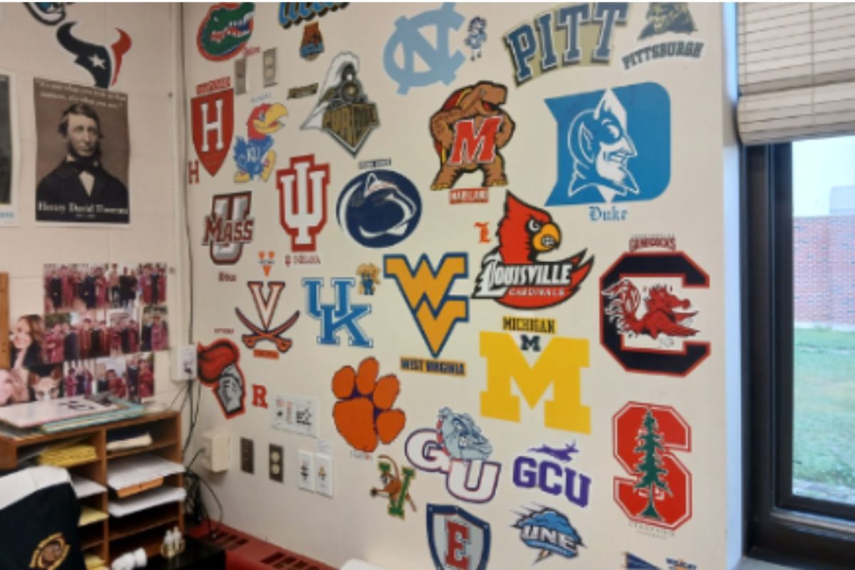 Mr Webb’s wall showing different colleges that students have went to and have signed
