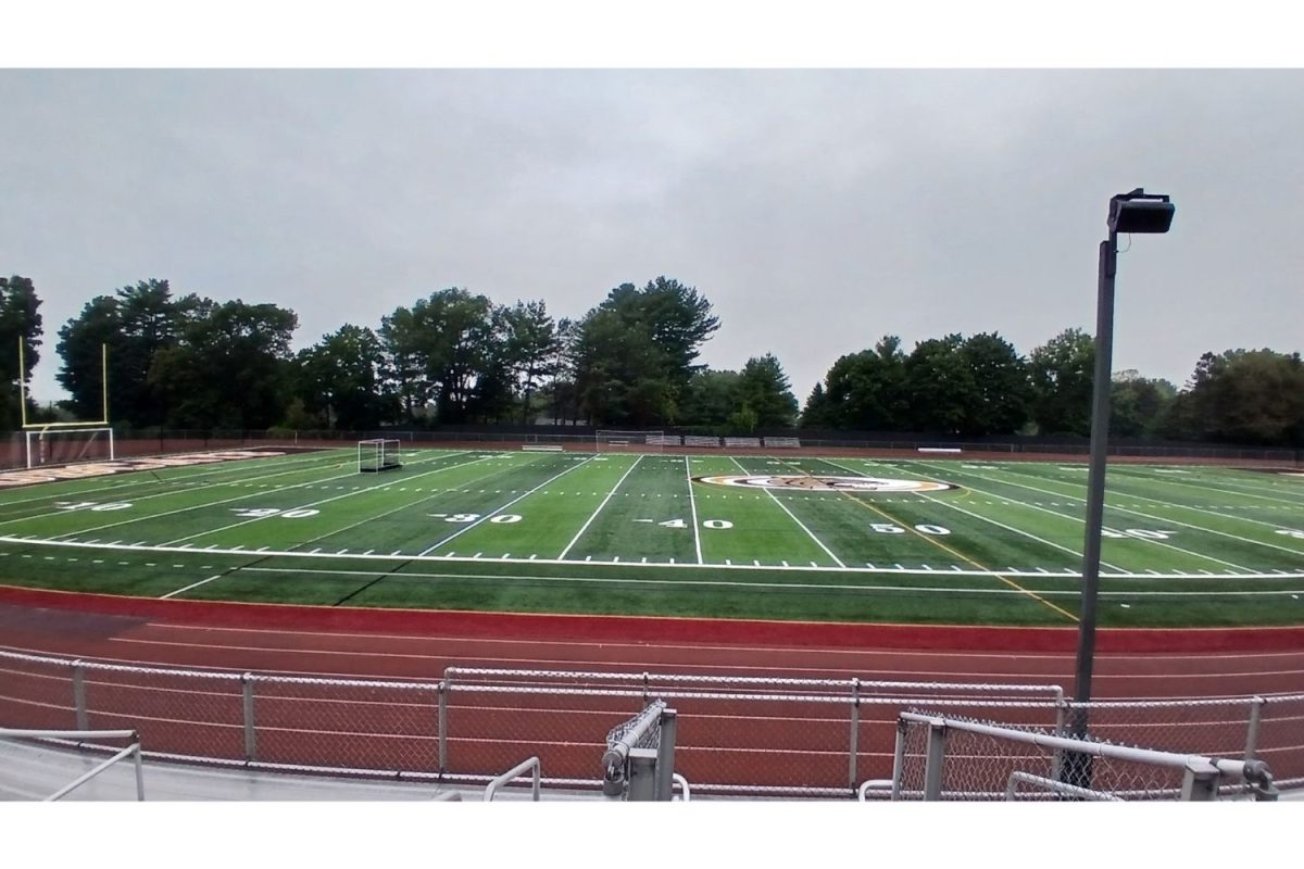 A photo displaying the football turf with no stadium lights.