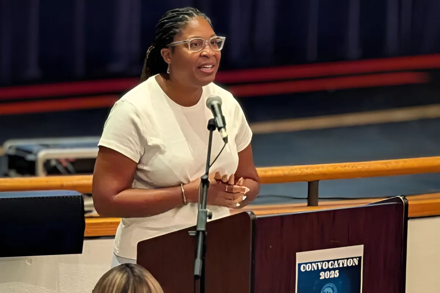 Mrs. April Davis, South Windsor's District Teacher of the Year gives her acceptance speech at Convocation. (Photo courtesy of Mr. Ed Duclos)