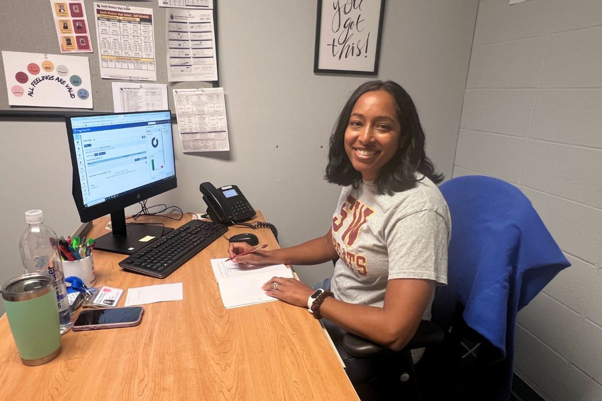 Ms. Simmi Miranda, the newest SWHS counselor at South Windsor High School greets students in her office. 