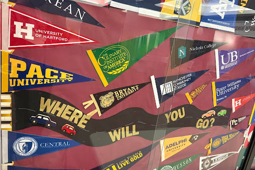 College display case located in South Windsor High School's lobby.