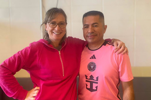 Mrs. Stavens-Martin and Mr. Ruiz proudly display their pink pride during Spirit Week.