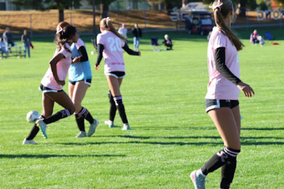  Girls soccer team wearing pink jerseys and pink bows to show support for breast cancer.