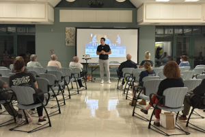 Stephen Hill speaks at the South Windsor Community Center on October 7, 2025
