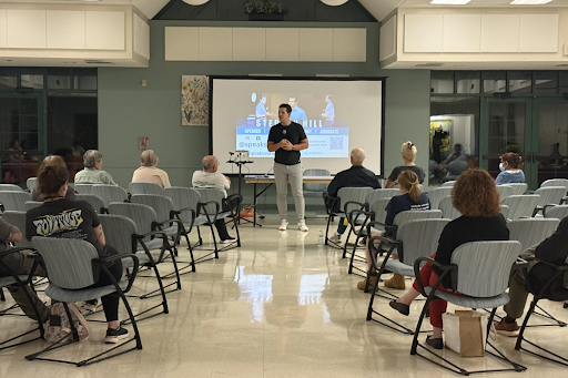 Stephen Hill speaks at the South Windsor Community Center on October 7, 2025