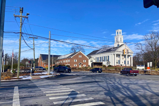 The Wapping Community Church, located on the corner of Ellington Road and Sullivan Avenue, view from Ellington Road.
