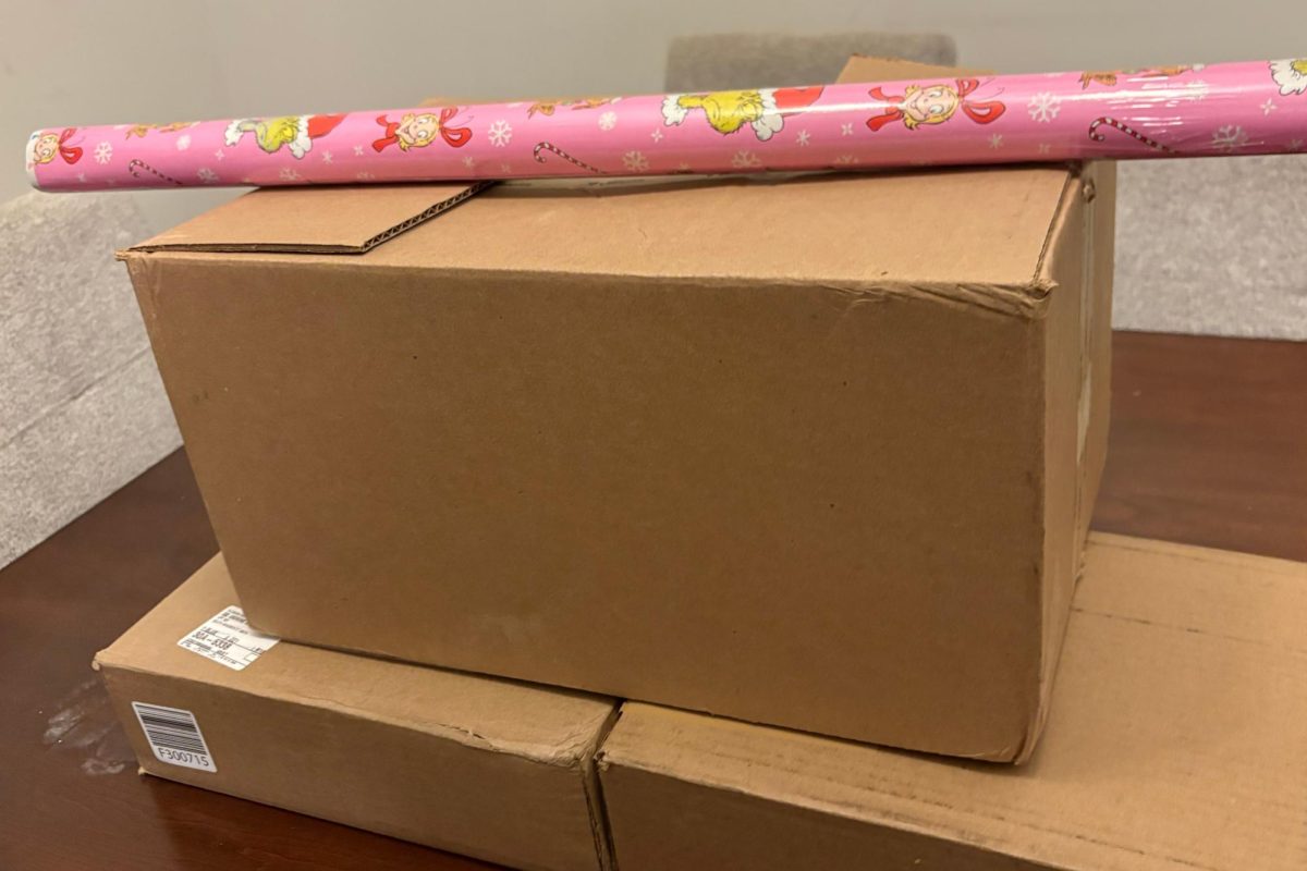 One roll of wrapping paper and three amazon boxes are pictured