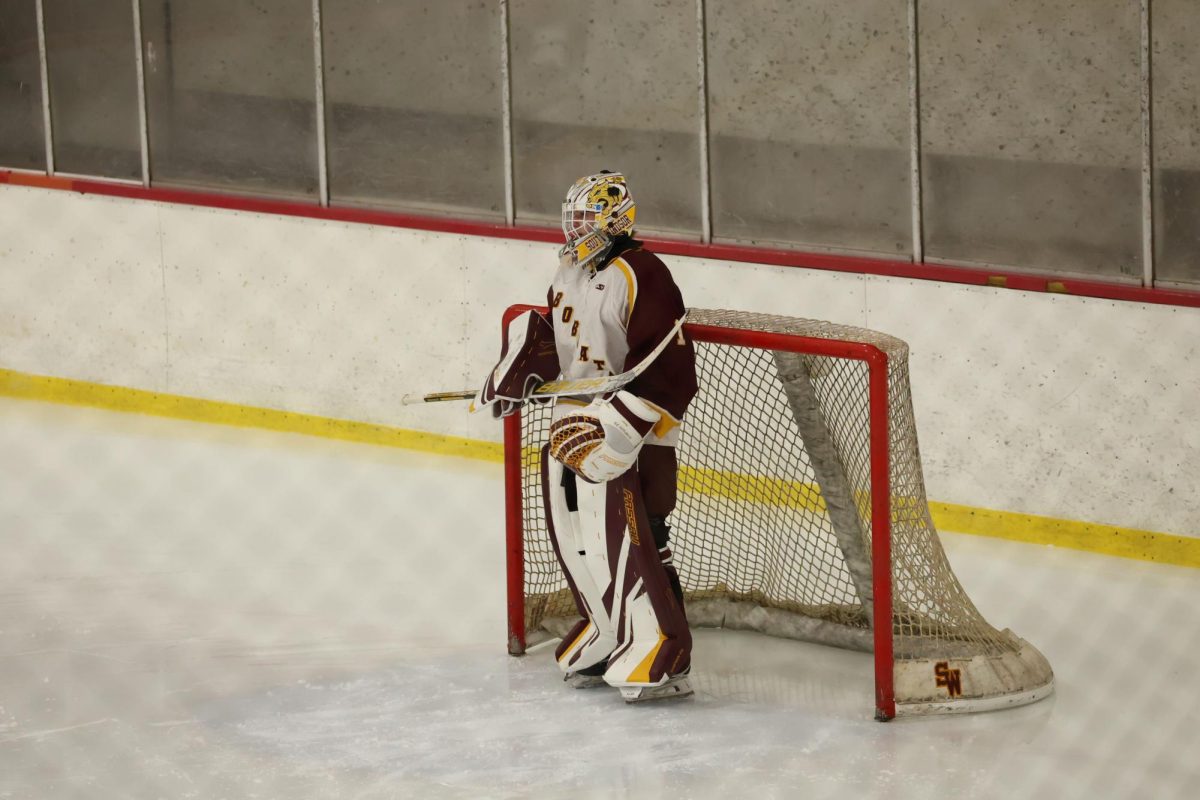 South Windsor Bobcats goalie Owen Sampson stands in net during his shutout victory over Wethersfield.